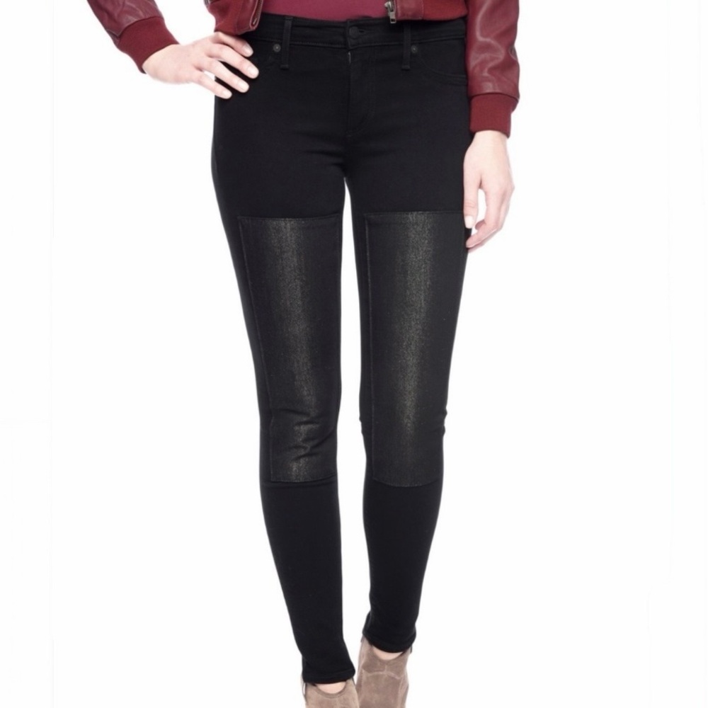 True Religion Halle Mid-Rise Super Skinny Black Jeans Metallic Patch Sz 26 EUC